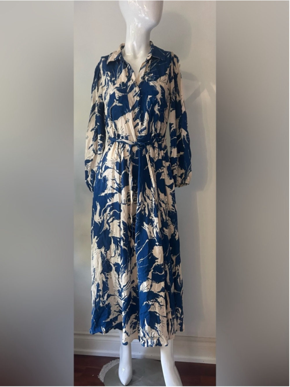 Zara bloggers favourite Blue & Ivory Abstract Print Shirt Dress Size XS - Picture 4 of 11
